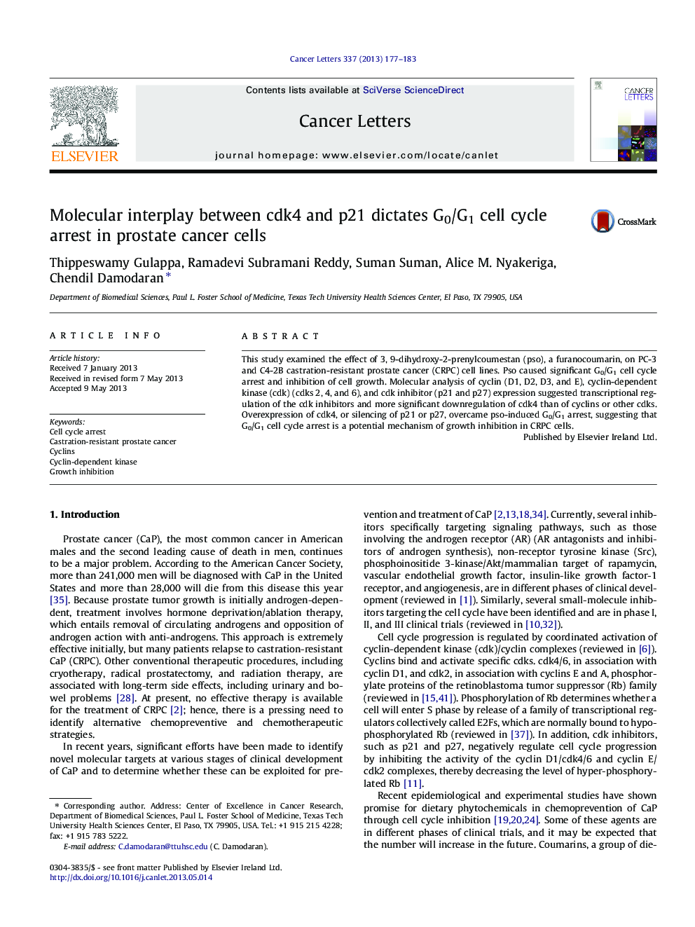 Molecular interplay between cdk4 and p21 dictates G0/G1 cell cycle arrest in prostate cancer cells