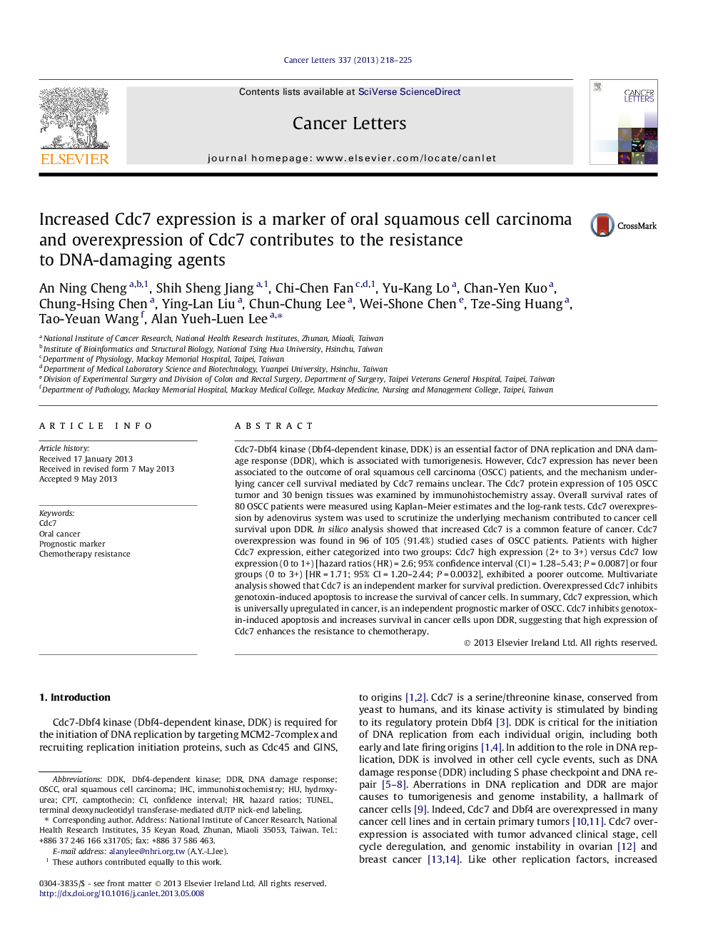 Increased Cdc7 expression is a marker of oral squamous cell carcinoma and overexpression of Cdc7 contributes to the resistance to DNA-damaging agents