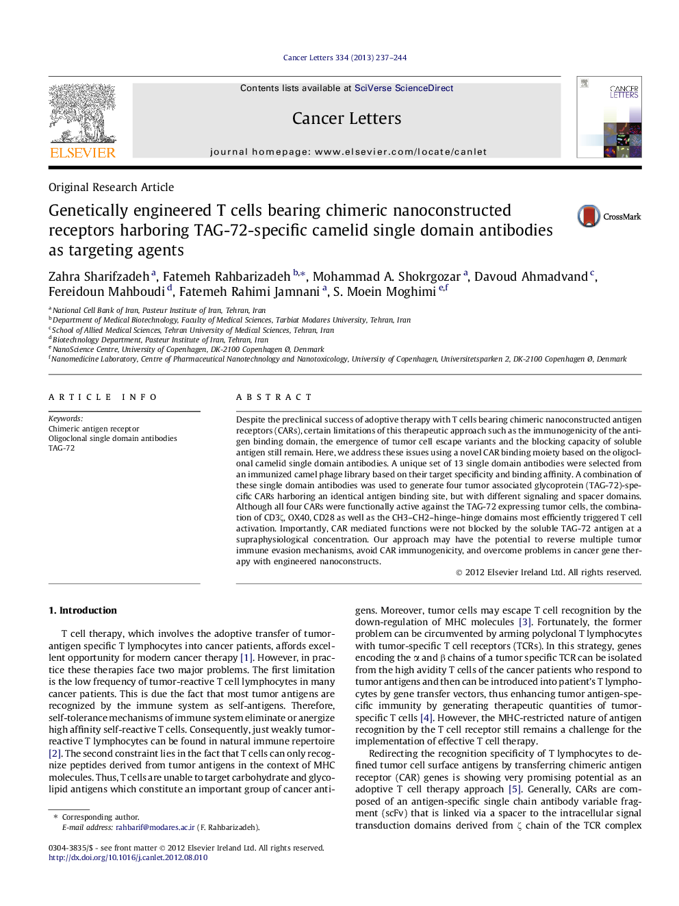 Genetically engineered T cells bearing chimeric nanoconstructed receptors harboring TAG-72-specific camelid single domain antibodies as targeting agents