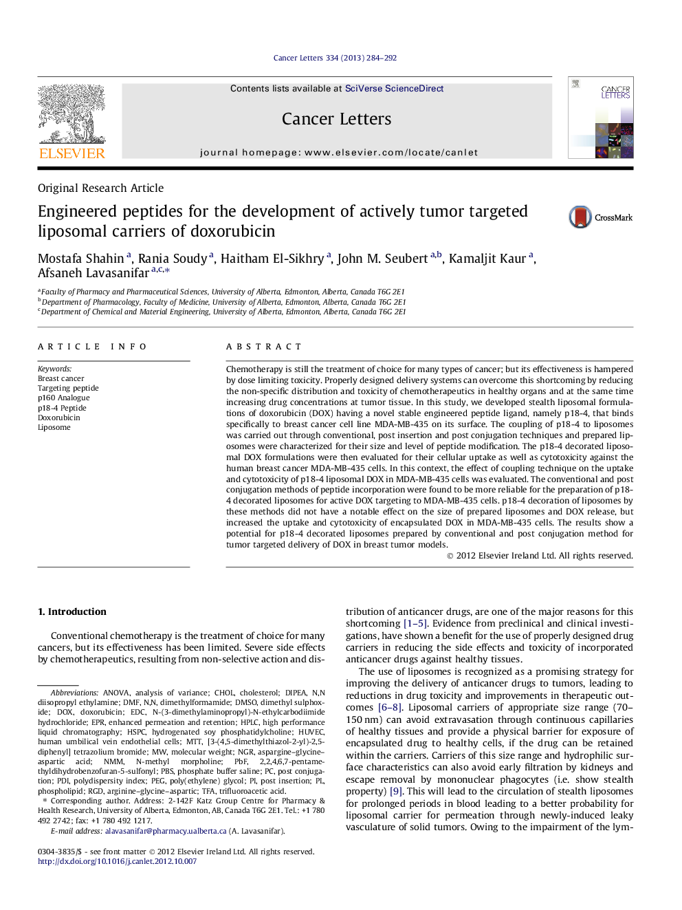 Engineered peptides for the development of actively tumor targeted liposomal carriers of doxorubicin