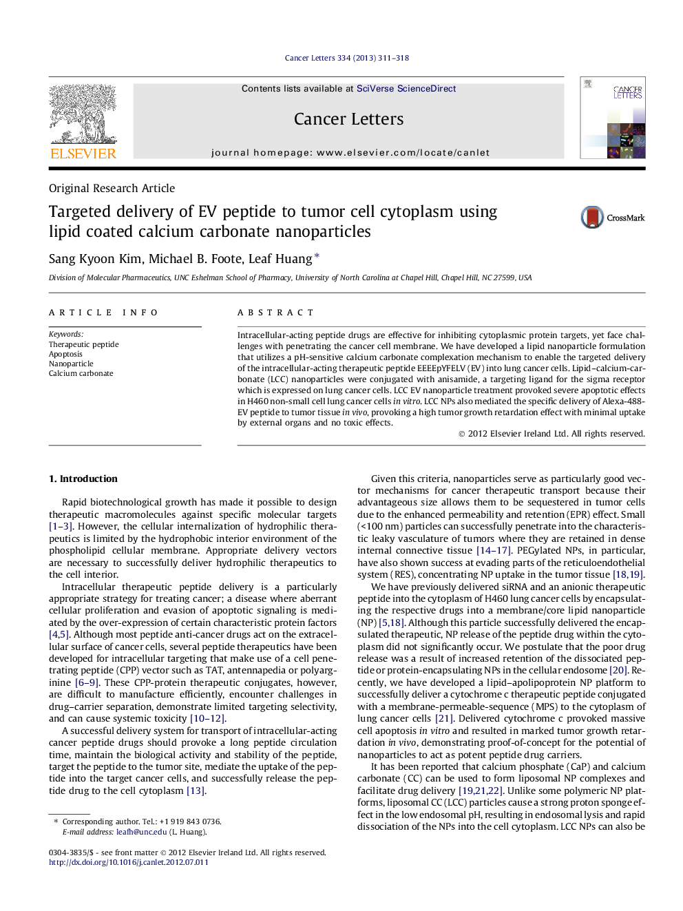 Targeted delivery of EV peptide to tumor cell cytoplasm using lipid coated calcium carbonate nanoparticles