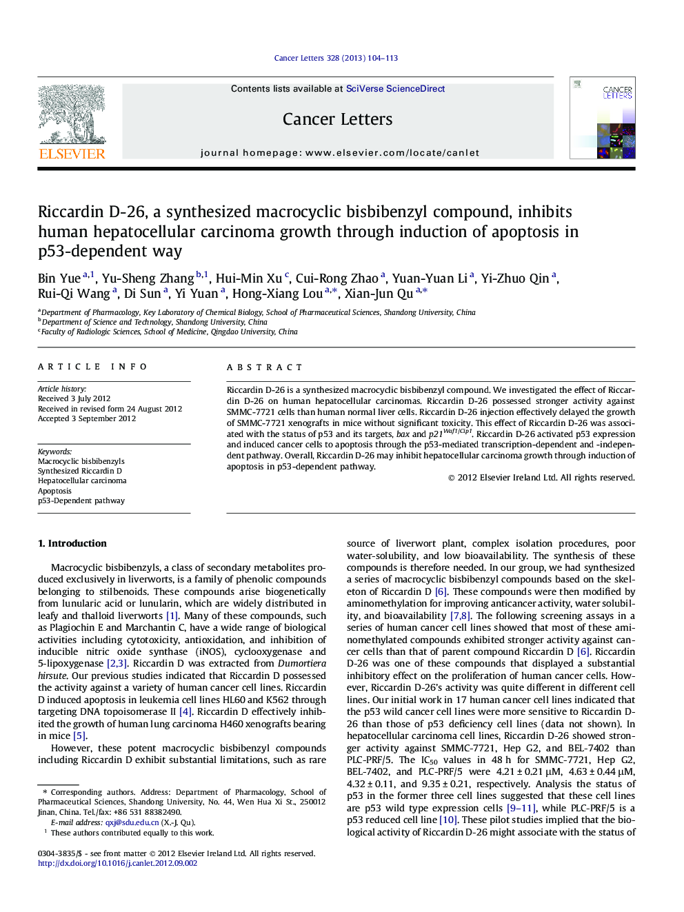 عکس صفحه اول مقاله: Riccardin D-26, a synthesized macrocyclic bisbibenzyl compound, inhibits human hepatocellular carcinoma growth through induction of apoptosis in p53-dependent way Riccardin D-26, a synthesized macrocyclic bisbibenzyl compound, inhibits human hepatocellular carcinoma growth through induction of apoptosis in p53-dependent way