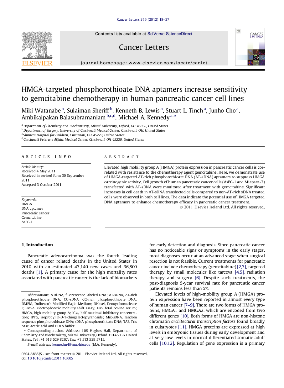 HMGA-targeted phosphorothioate DNA aptamers increase sensitivity to gemcitabine chemotherapy in human pancreatic cancer cell lines