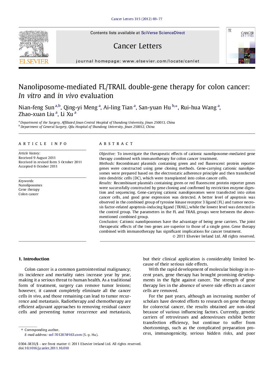 Nanoliposome-mediated FL/TRAIL double-gene therapy for colon cancer: In vitro and in vivo evaluation