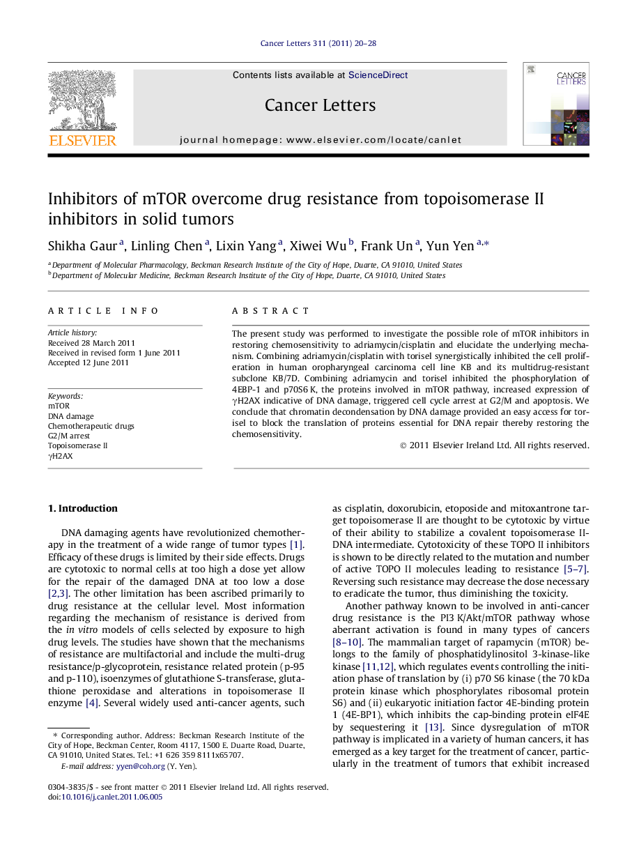 Inhibitors of mTOR overcome drug resistance from topoisomerase II inhibitors in solid tumors