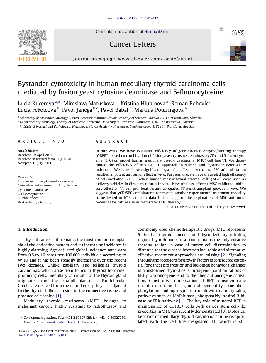 Bystander cytotoxicity in human medullary thyroid carcinoma cells mediated by fusion yeast cytosine deaminase and 5-fluorocytosine