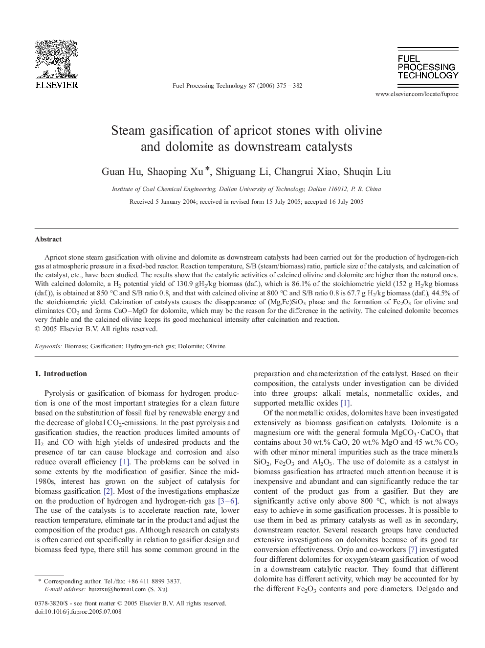 Steam gasification of apricot stones with olivine and dolomite as downstream catalysts