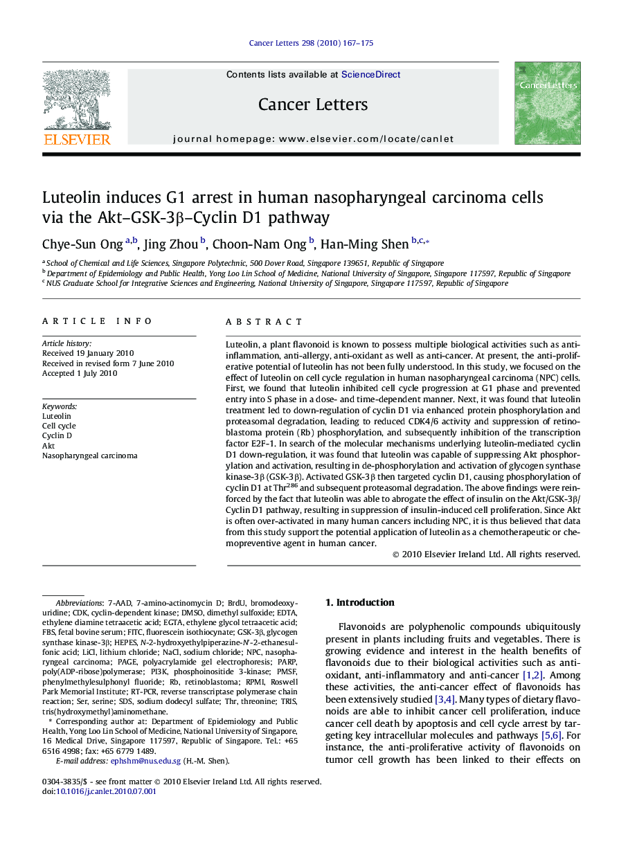 Luteolin induces G1 arrest in human nasopharyngeal carcinoma cells via the Akt–GSK-3β–Cyclin D1 pathway