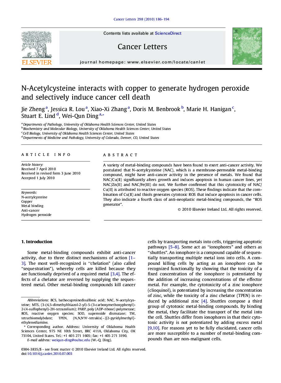 N-Acetylcysteine interacts with copper to generate hydrogen peroxide and selectively induce cancer cell death