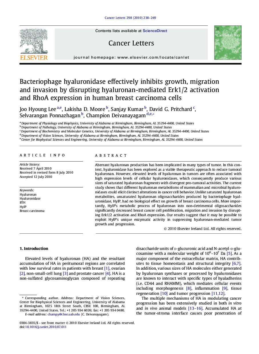 Bacteriophage hyaluronidase effectively inhibits growth, migration and invasion by disrupting hyaluronan-mediated Erk1/2 activation and RhoA expression in human breast carcinoma cells