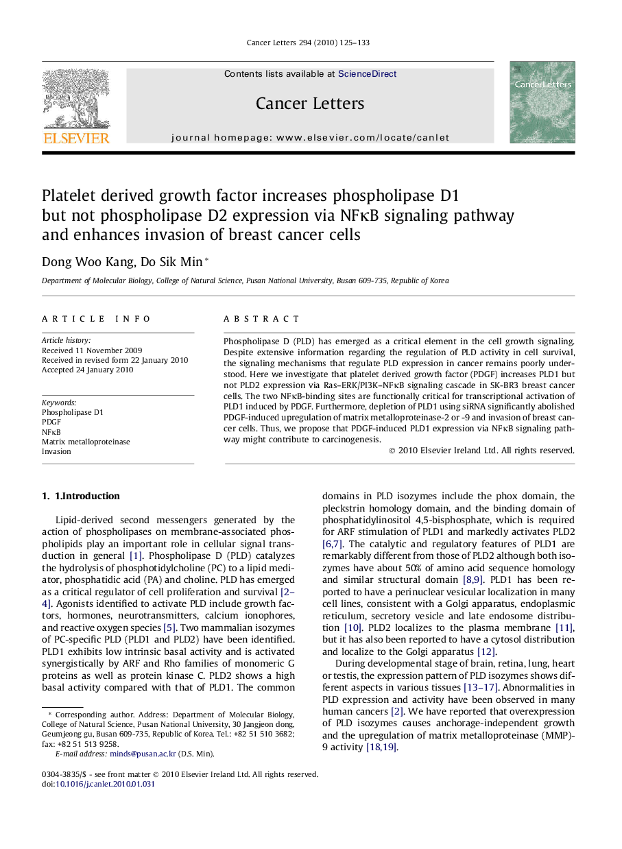 Platelet derived growth factor increases phospholipase D1 but not phospholipase D2 expression via NFκB signaling pathway and enhances invasion of breast cancer cells