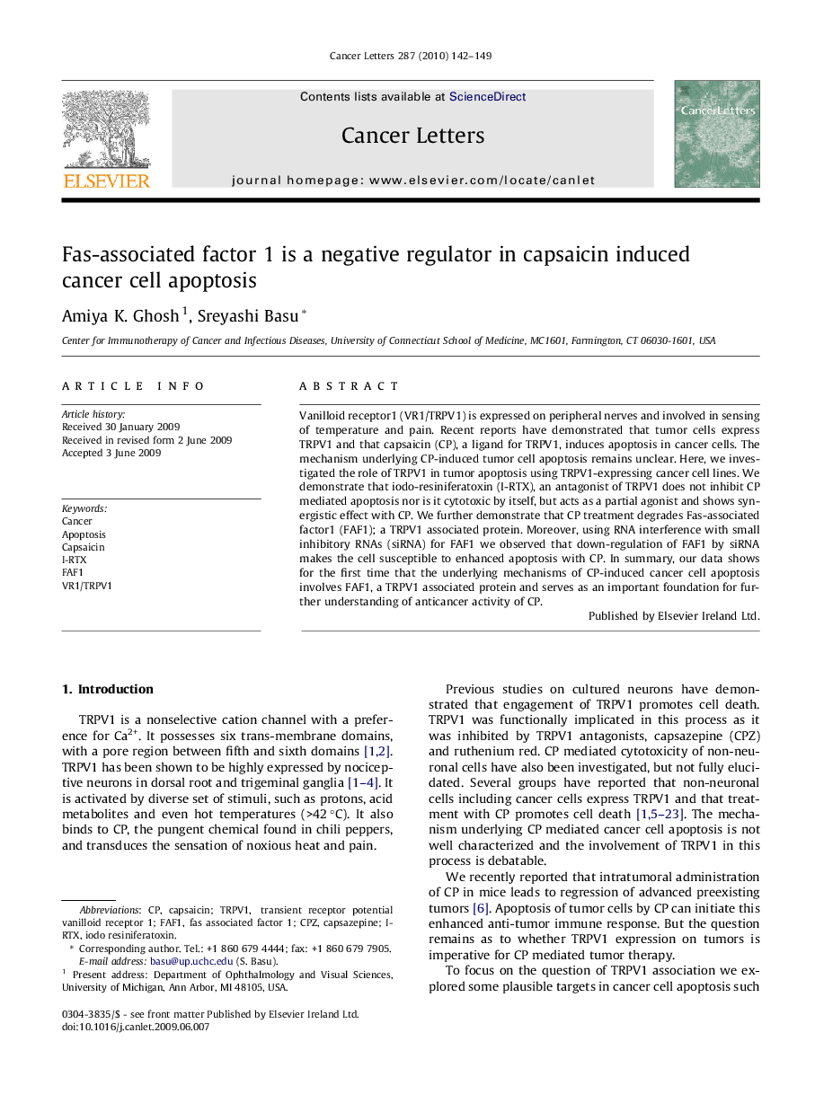 Fas-associated factor 1 is a negative regulator in capsaicin induced cancer cell apoptosis