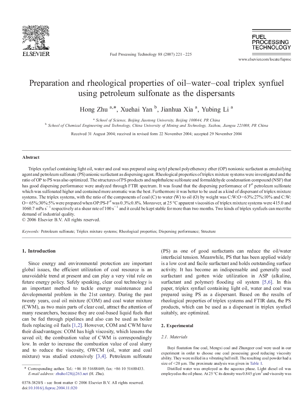 Preparation and rheological properties of oil–water–coal triplex synfuel using petroleum sulfonate as the dispersants