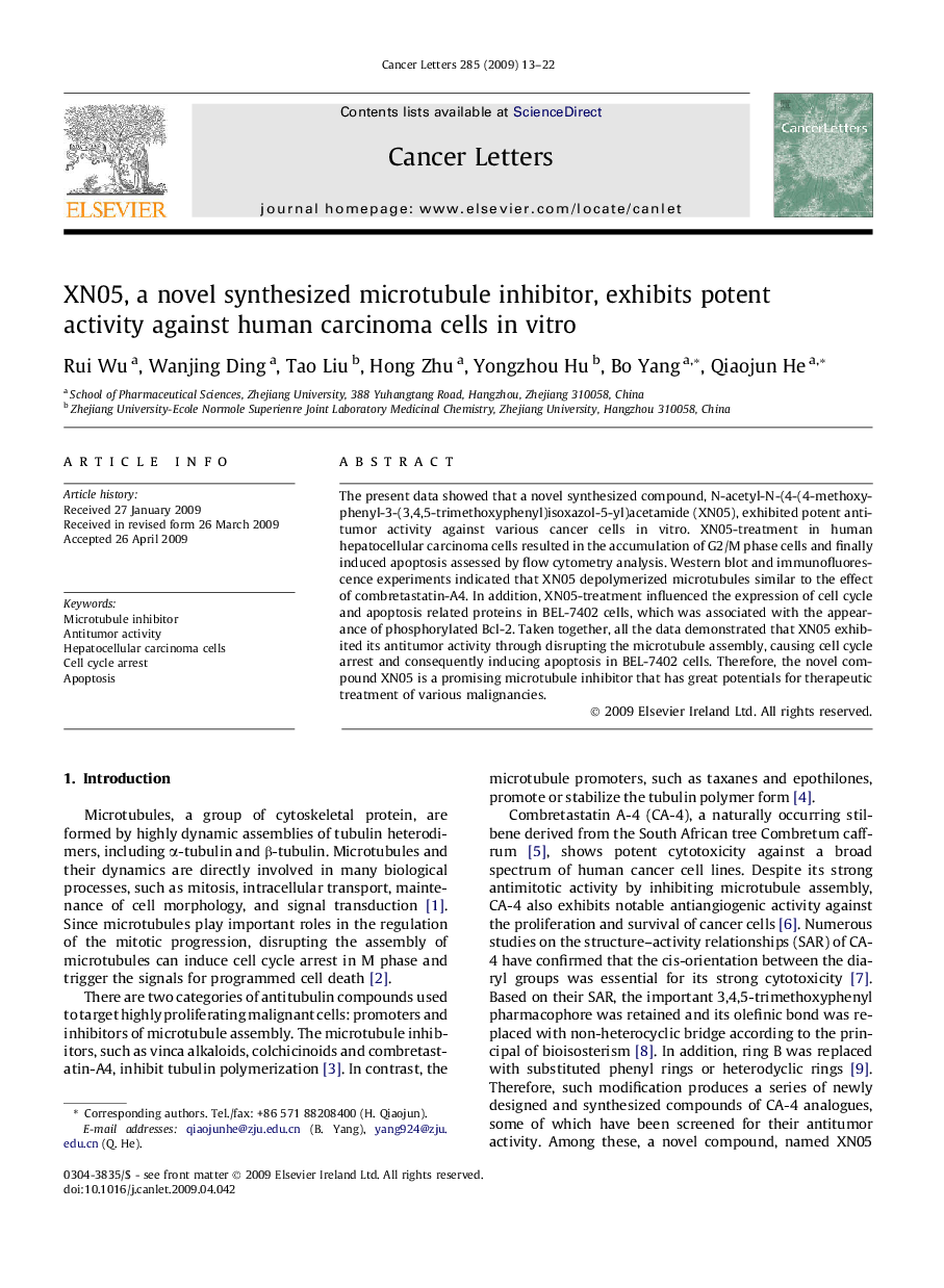 XN05, a novel synthesized microtubule inhibitor, exhibits potent activity against human carcinoma cells in vitro