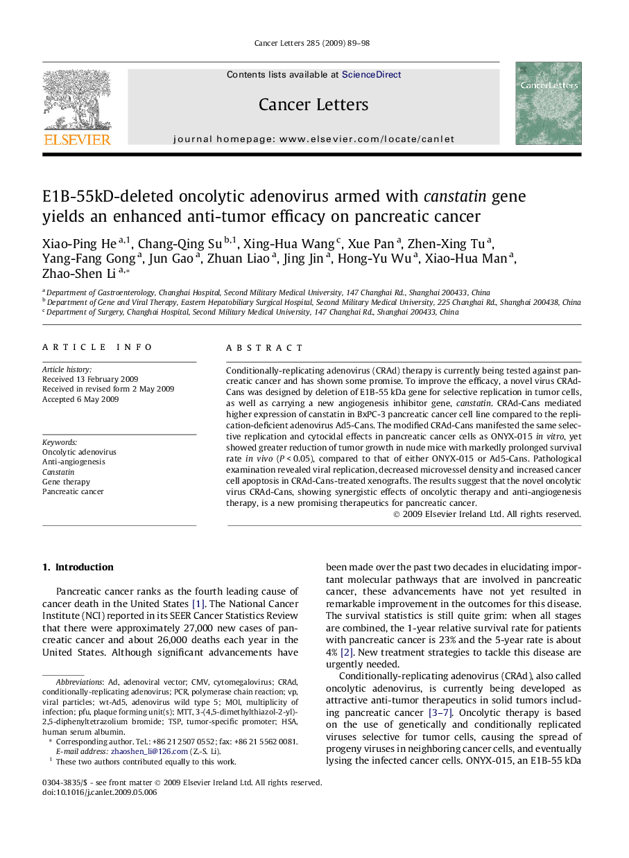 E1B-55kD-deleted oncolytic adenovirus armed with canstatin gene yields an enhanced anti-tumor efficacy on pancreatic cancer