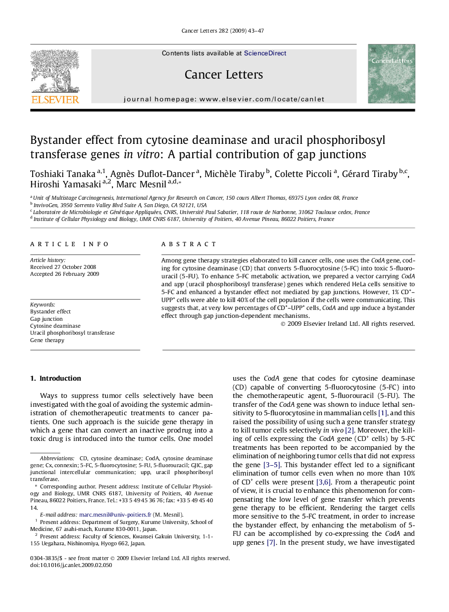 Bystander effect from cytosine deaminase and uracil phosphoribosyl transferase genes in vitro: A partial contribution of gap junctions