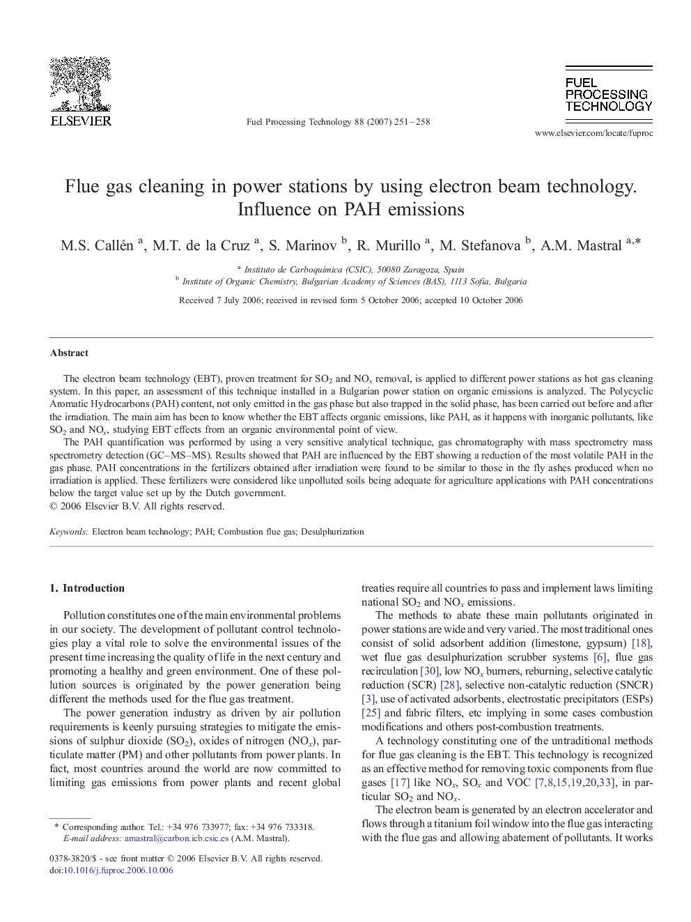 Flue gas cleaning in power stations by using electron beam technology. Influence on PAH emissions