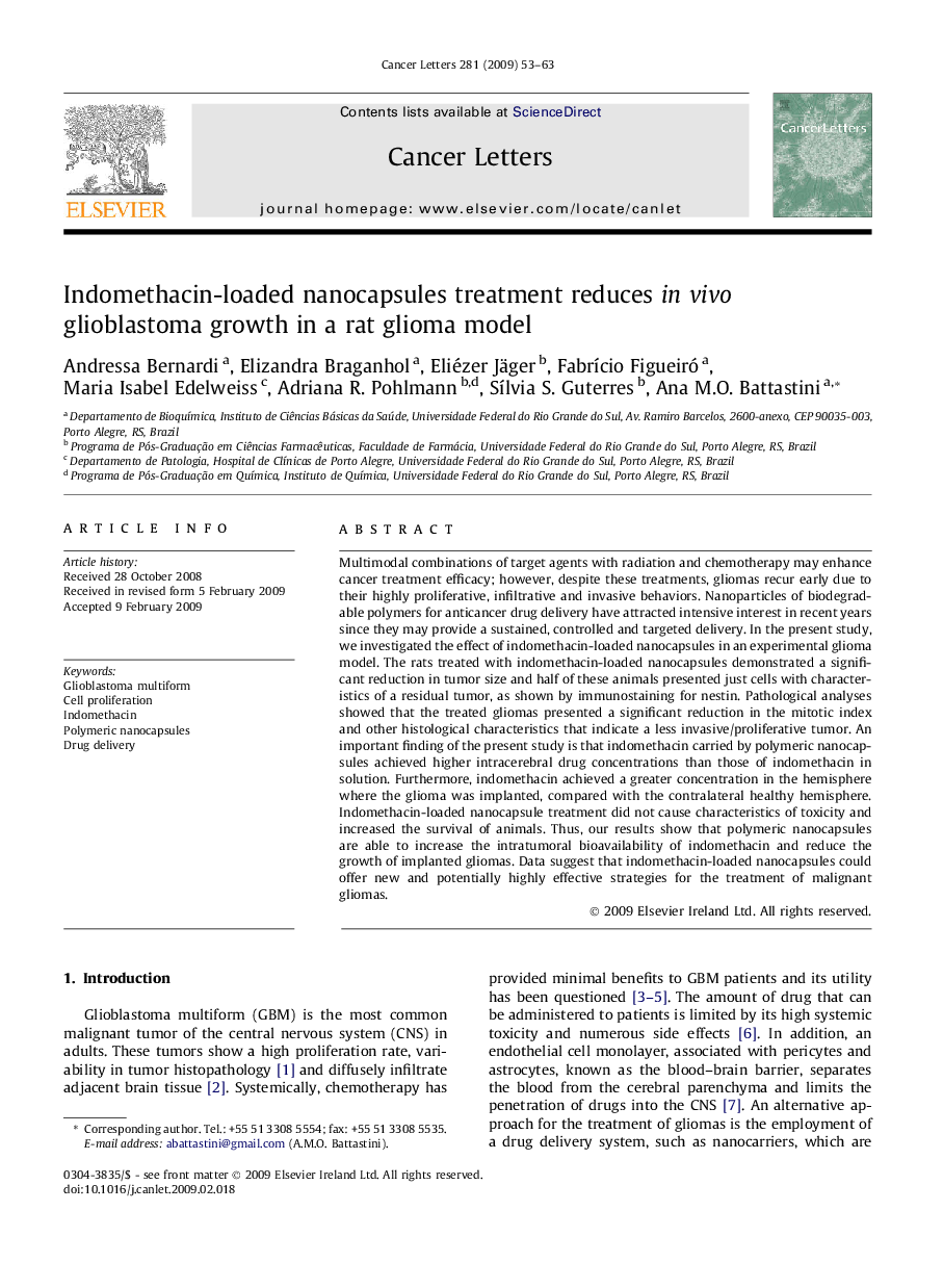 Indomethacin-loaded nanocapsules treatment reduces in vivo glioblastoma growth in a rat glioma model