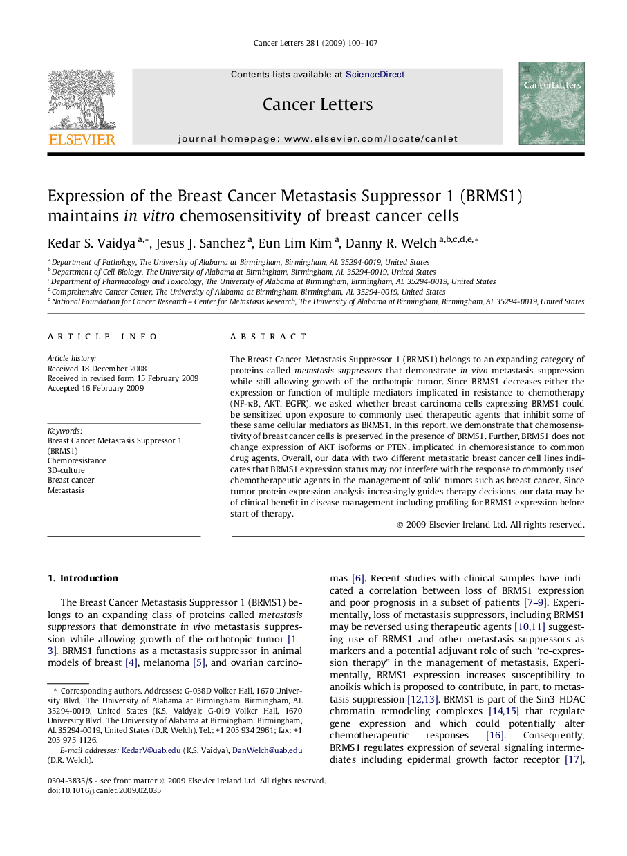 Expression of the Breast Cancer Metastasis Suppressor 1 (BRMS1) maintains in vitro chemosensitivity of breast cancer cells