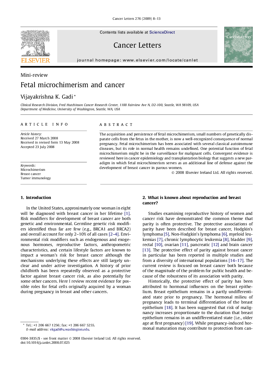 Fetal microchimerism and cancer