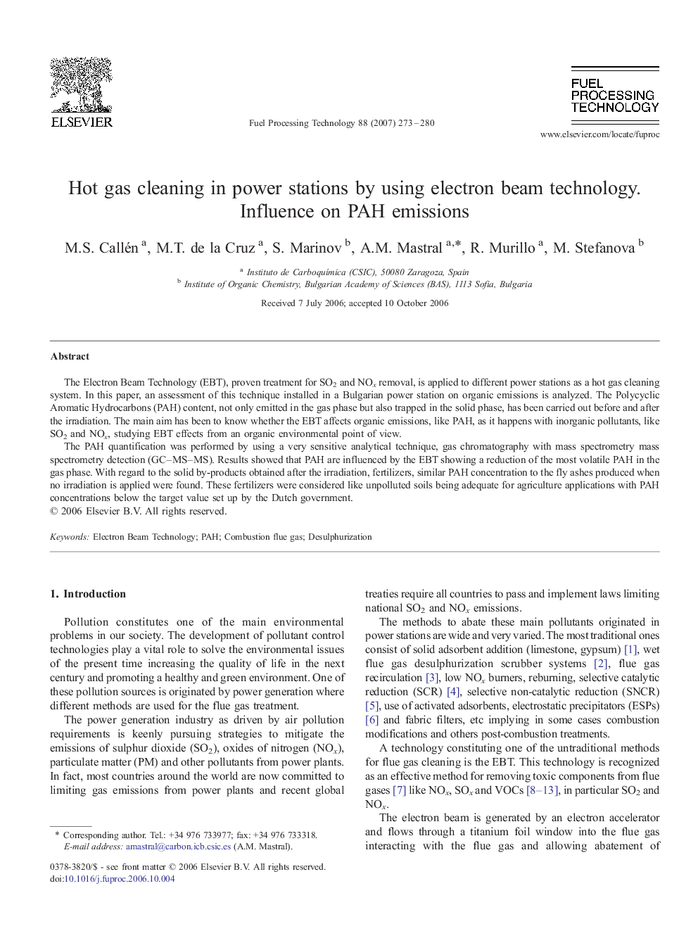 Hot gas cleaning in power stations by using electron beam technology. Influence on PAH emissions