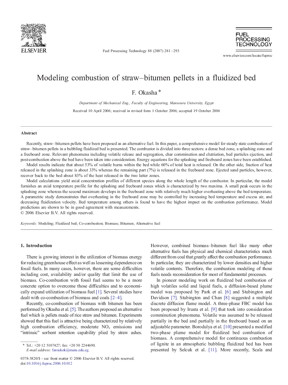 Modeling combustion of straw–bitumen pellets in a fluidized bed