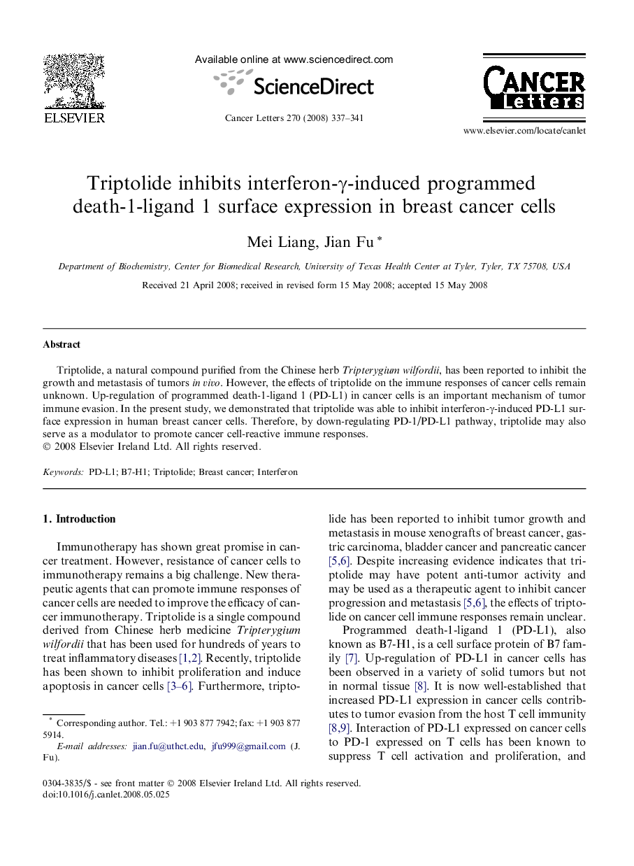 Triptolide inhibits interferon-γ-induced programmed death-1-ligand 1 surface expression in breast cancer cells