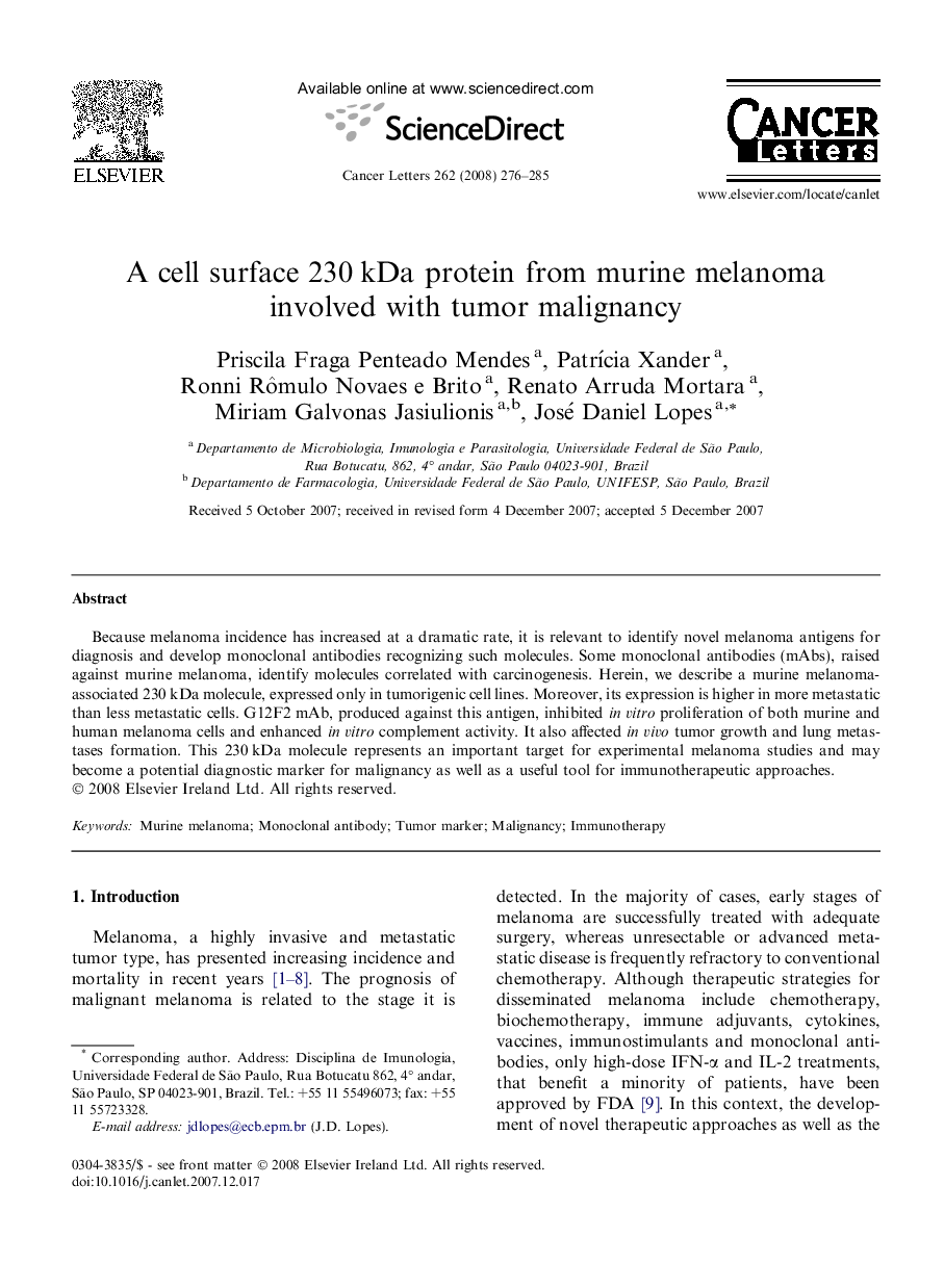 A cell surface 230 kDa protein from murine melanoma involved with tumor malignancy