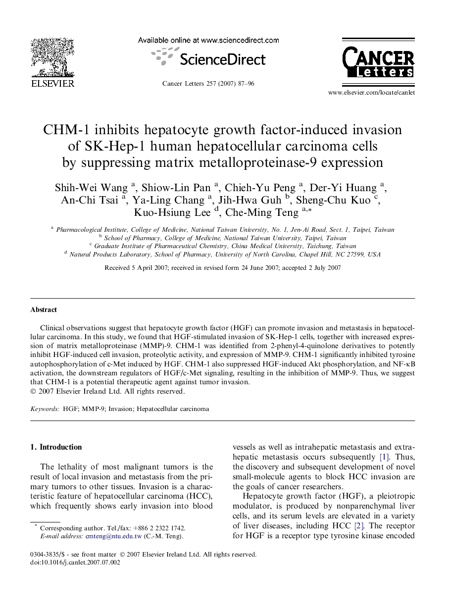CHM-1 inhibits hepatocyte growth factor-induced invasion of SK-Hep-1 human hepatocellular carcinoma cells by suppressing matrix metalloproteinase-9 expression