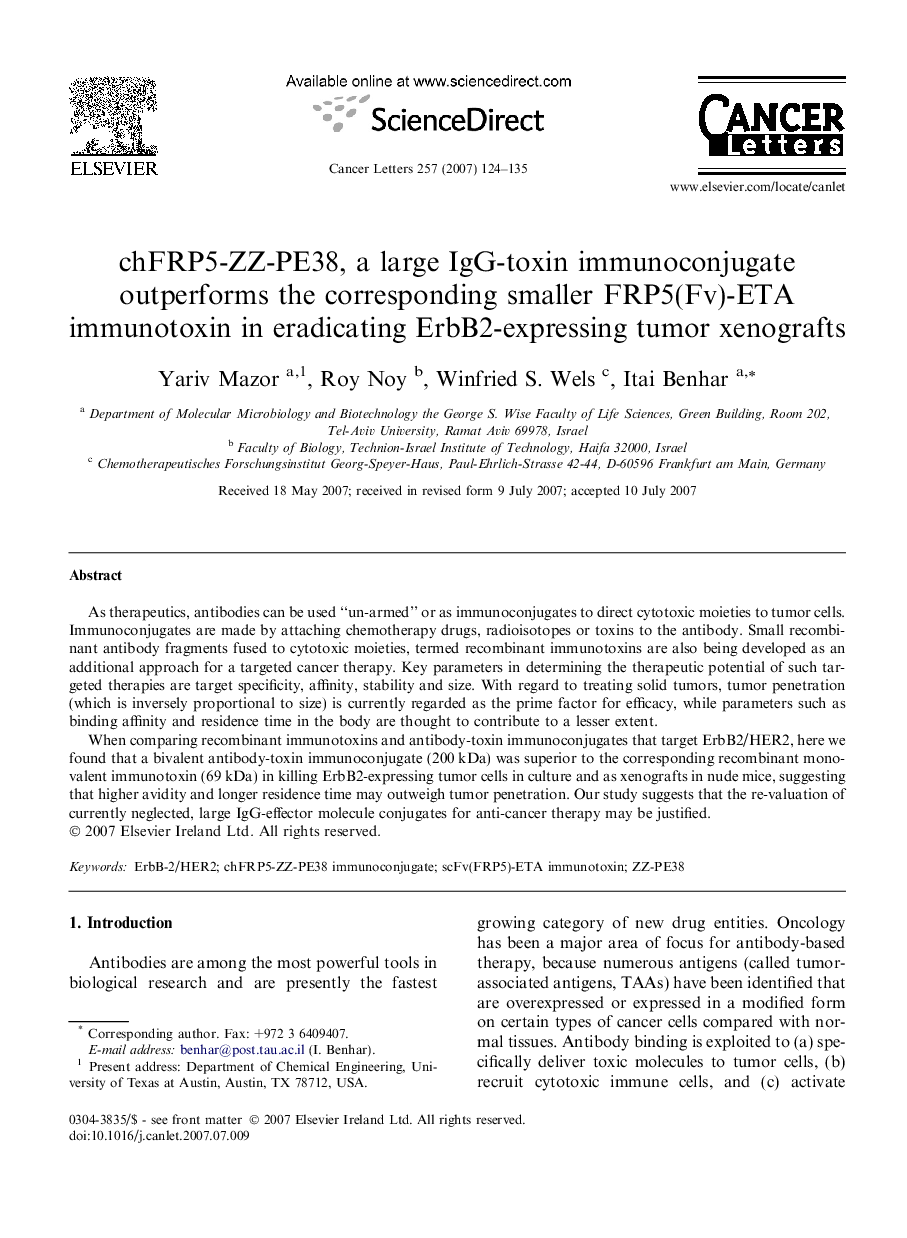 chFRP5-ZZ-PE38, a large IgG-toxin immunoconjugate outperforms the corresponding smaller FRP5(Fv)-ETA immunotoxin in eradicating ErbB2-expressing tumor xenografts