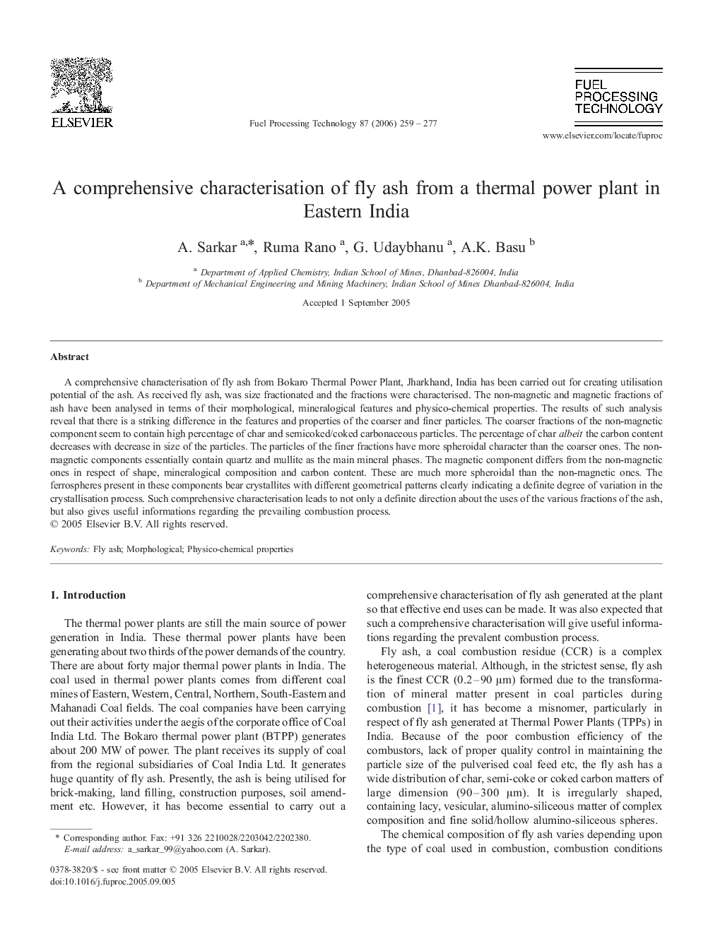 A comprehensive characterisation of fly ash from a thermal power plant in Eastern India