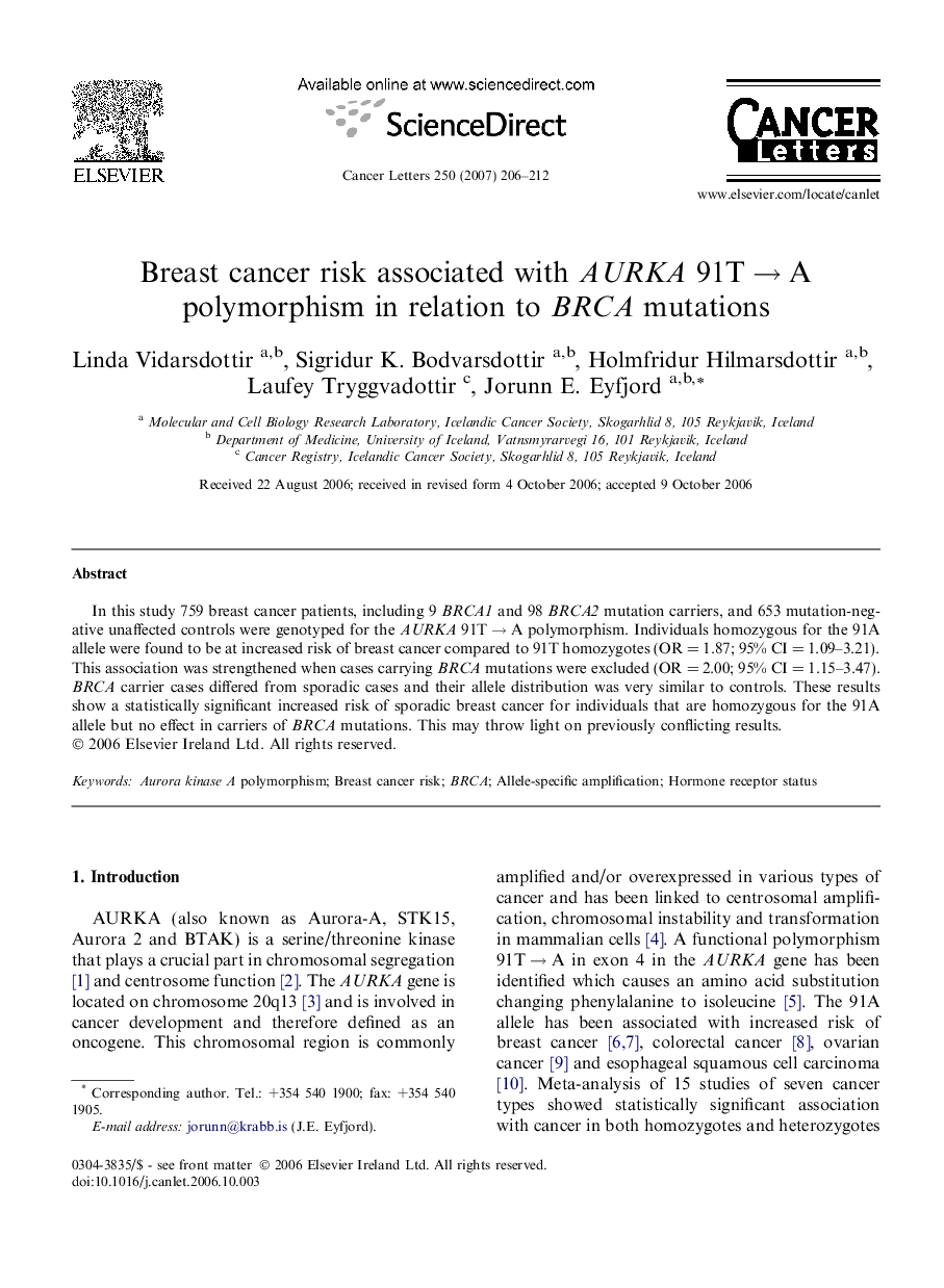 Breast cancer risk associated with AURKA 91T → A polymorphism in relation to BRCA mutations