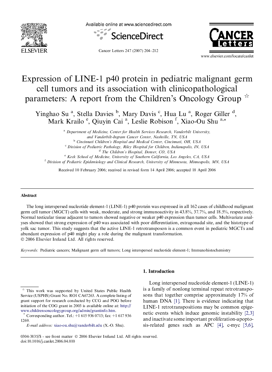 Expression of LINE-1 p40 protein in pediatric malignant germ cell tumors and its association with clinicopathological parameters: A report from the Children’s Oncology Group 