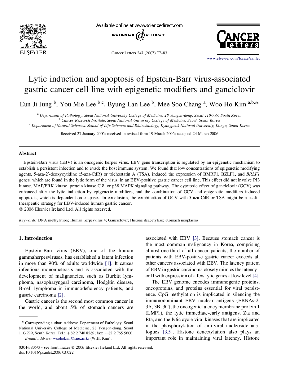 Lytic induction and apoptosis of EpsteinâBarr virus-associated gastric cancer cell line with epigenetic modifiers and ganciclovir