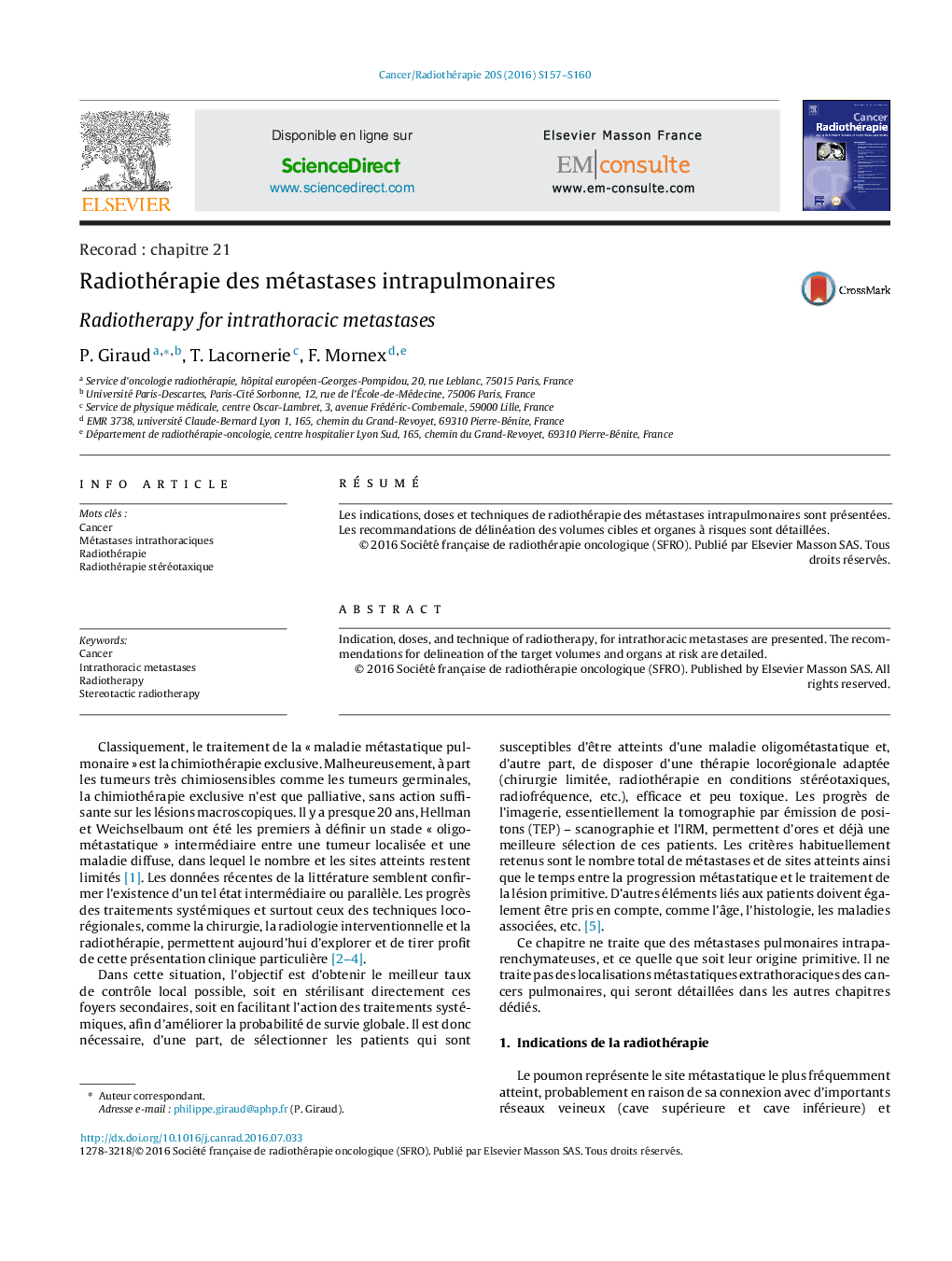 Radiothérapie des métastases intrapulmonaires