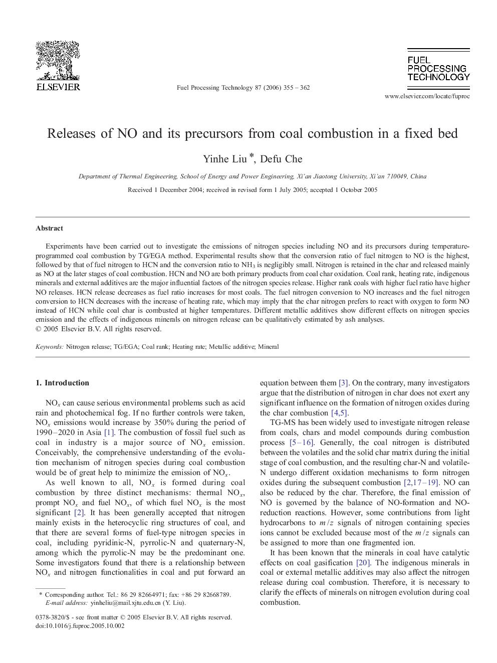 Releases of NO and its precursors from coal combustion in a fixed bed