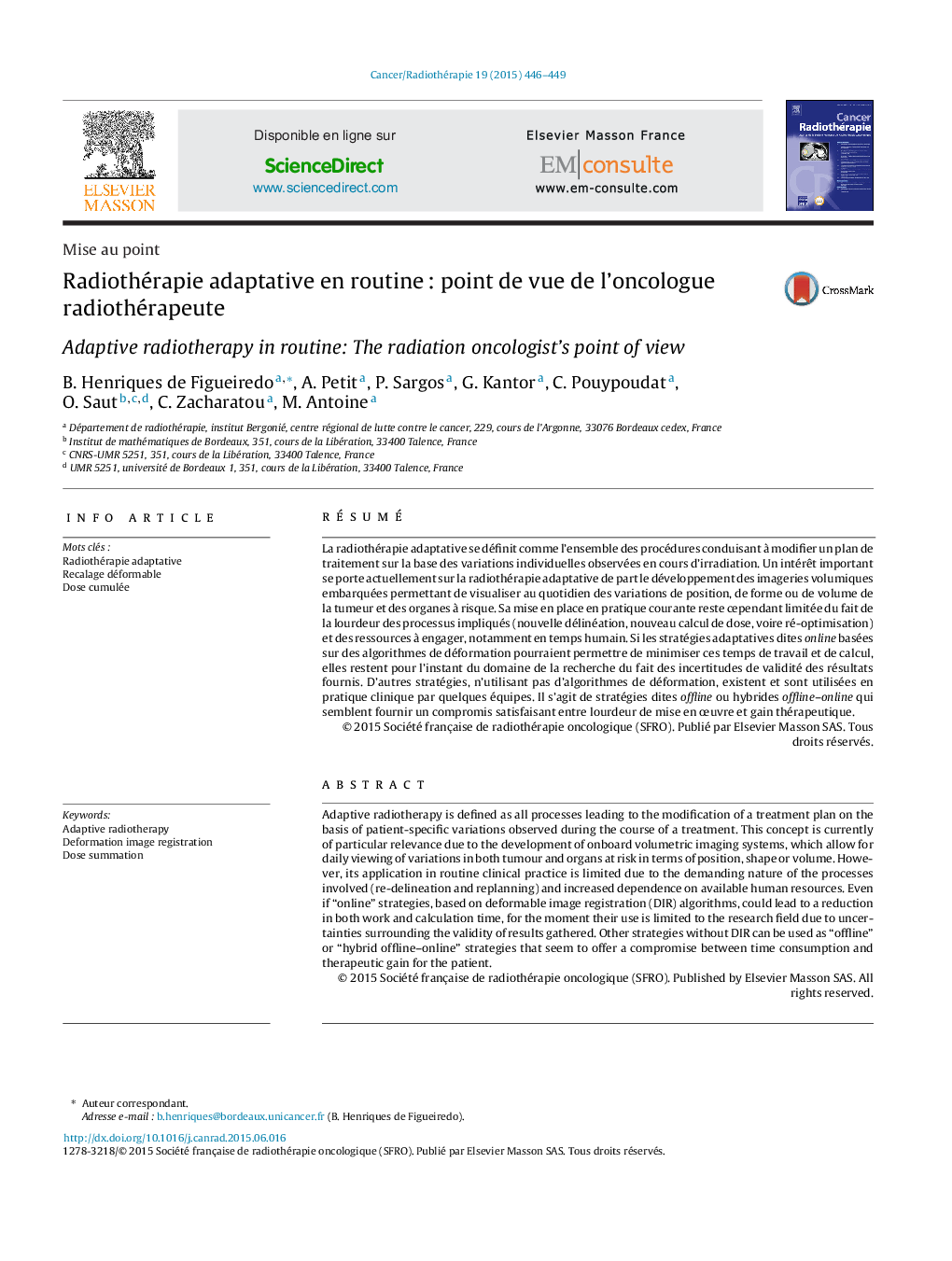 Radiothérapie adaptative en routine : point de vue de l’oncologue radiothérapeute