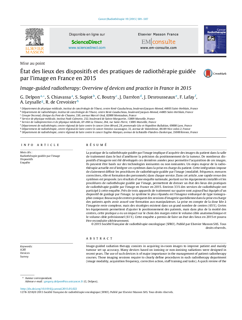 État des lieux des dispositifs et des pratiques de radiothérapie guidée par l’image en France en 2015