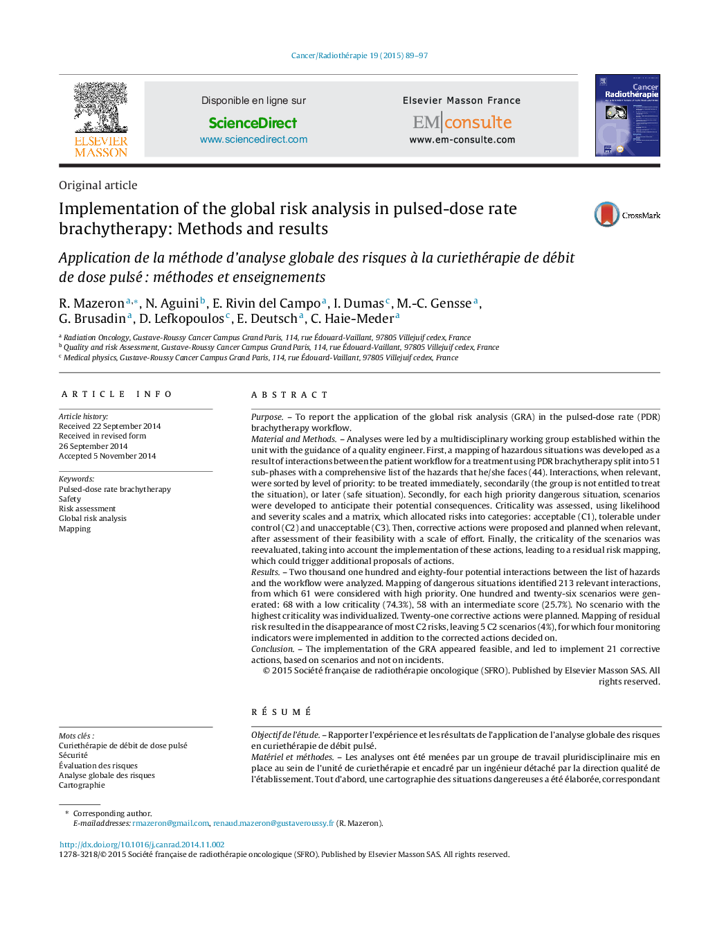 Implementation of the global risk analysis in pulsed-dose rate brachytherapy: Methods and results