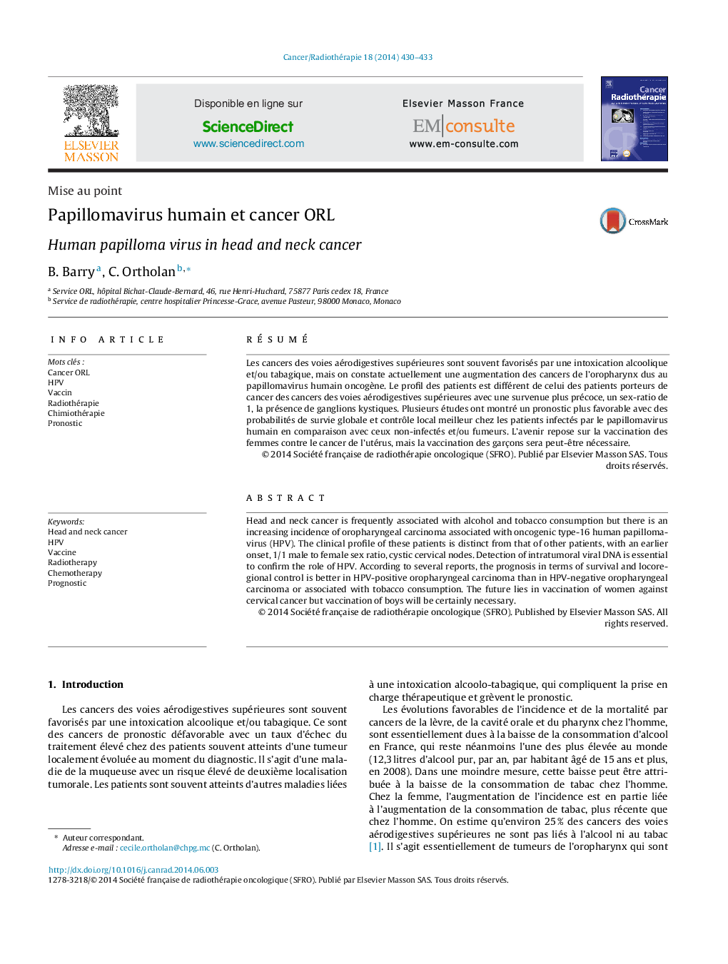 Papillomavirus humain et cancer ORL