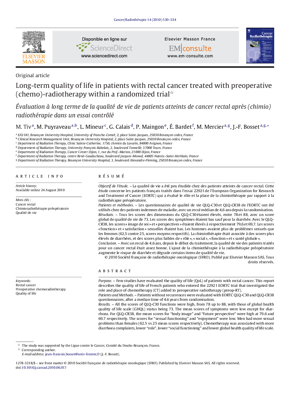 Long-term quality of life in patients with rectal cancer treated with preoperative (chemo)-radiotherapy within a randomized trial 