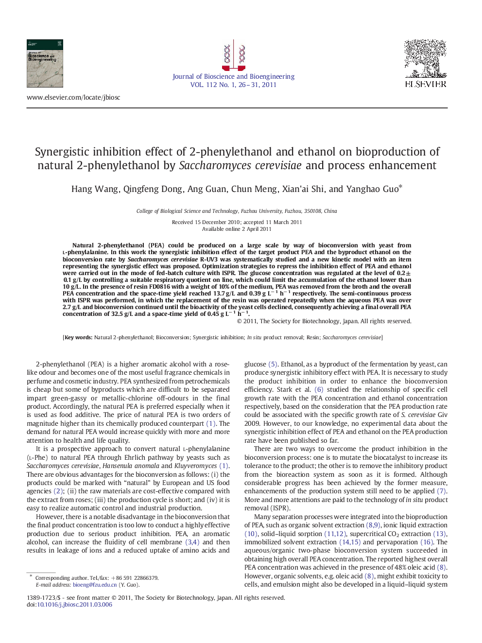 Synergistic inhibition effect of 2-phenylethanol and ethanol on bioproduction of natural 2-phenylethanol by Saccharomyces cerevisiae and process enhancement