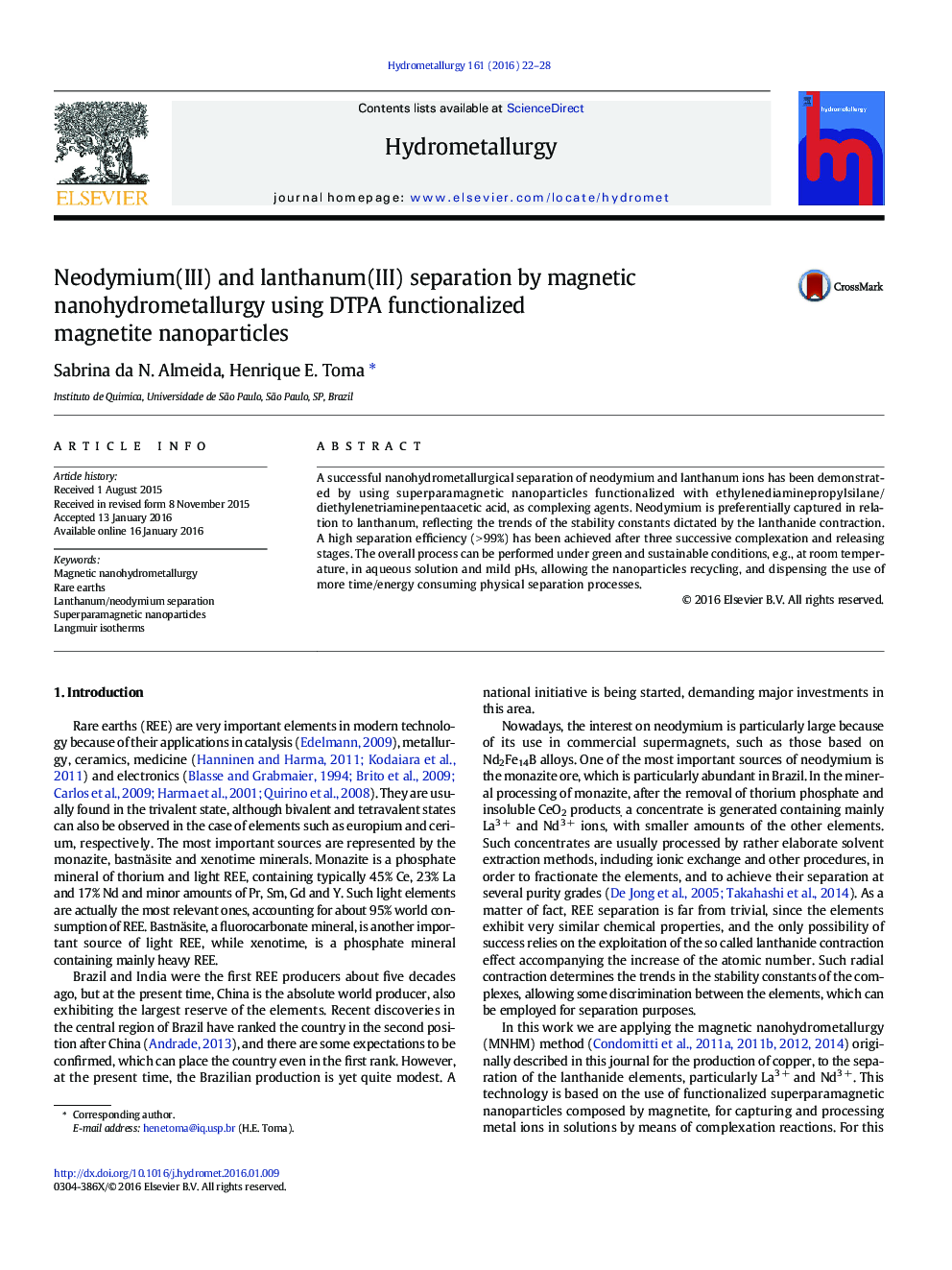 نئودیمیم (III) و لانتانیم (III) جدایی از  نانوهیدرومتالورژی مغناطیسی با استفاده از نانوذرات مگنتیت DTPA عاملدار