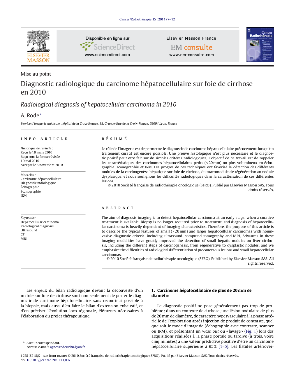 Diagnostic radiologique du carcinome hépatocellulaire sur foie de cirrhose en 2010