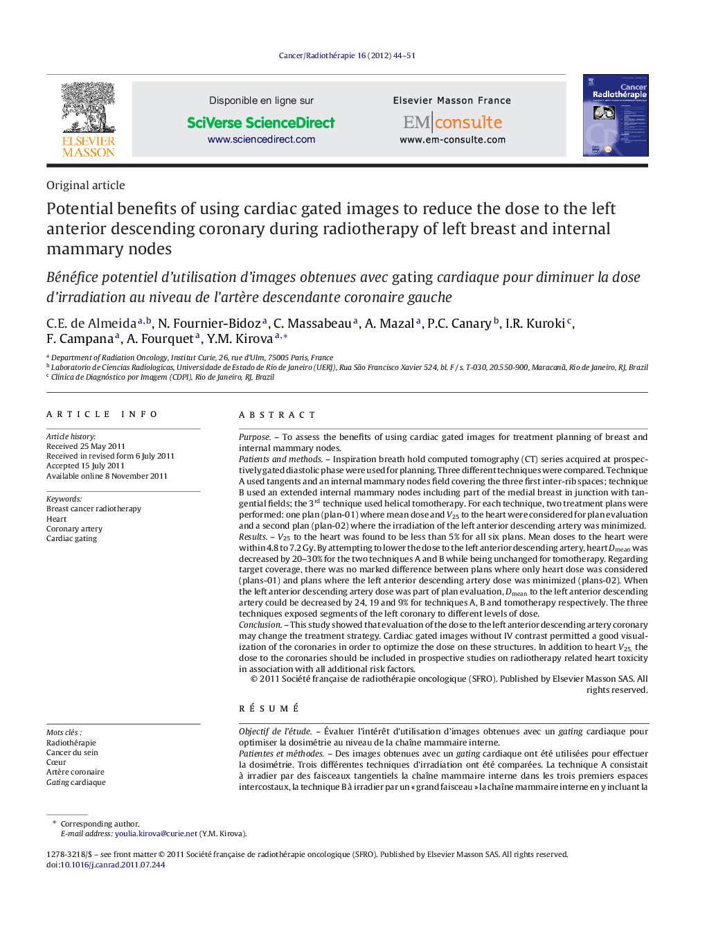 Potential benefits of using cardiac gated images to reduce the dose to the left anterior descending coronary during radiotherapy of left breast and internal mammary nodes