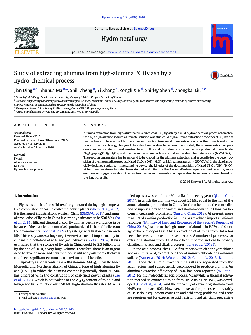 Study of extracting alumina from high-alumina PC fly ash by a hydro-chemical process