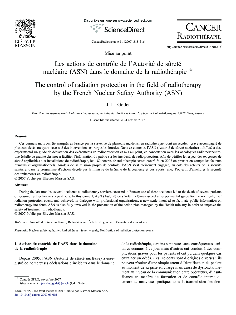 Les actions de contrôle de l'Autorité de sûreté nucléaire (ASN) dans le domaine de la radiothérapie 