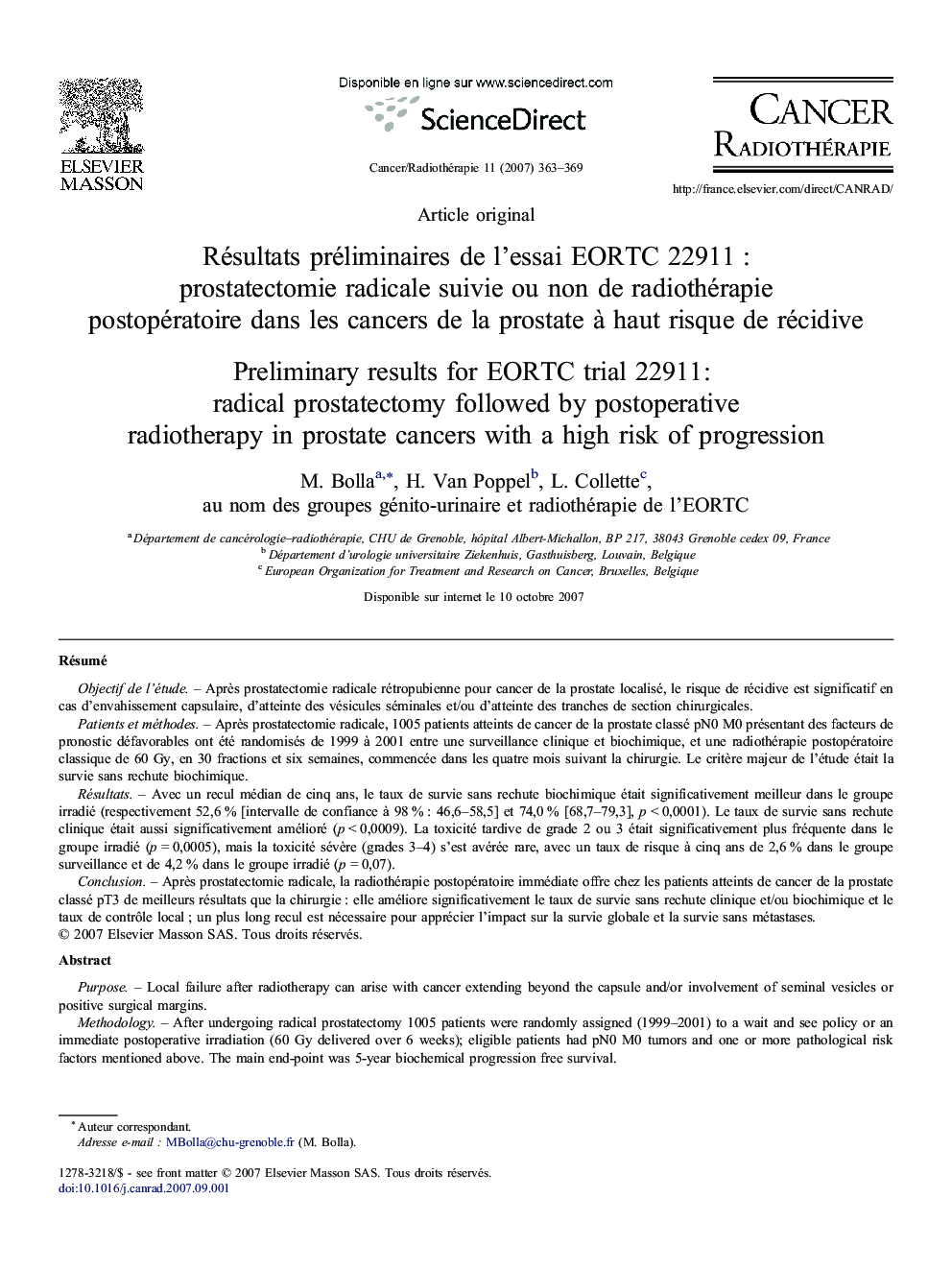 Résultats préliminaires de l'essai EORTC 22911 : prostatectomie radicale suivie ou non de radiothérapie postopératoire dans les cancers de la prostate à haut risque de récidive