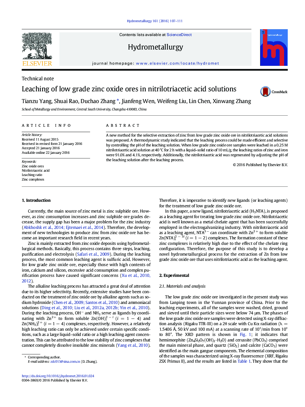 Leaching of low grade zinc oxide ores in nitrilotriacetic acid solutions