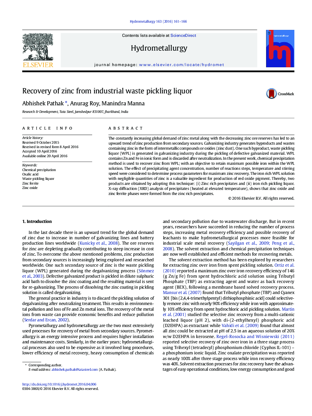 Recovery of zinc from industrial waste pickling liquor